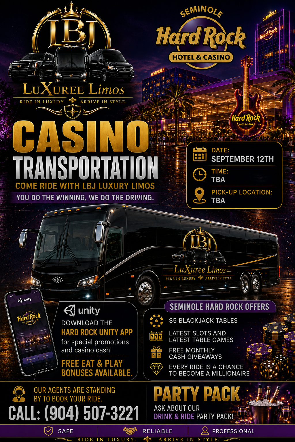 LBJ LuXuree Limos casino transportation promotional graphic