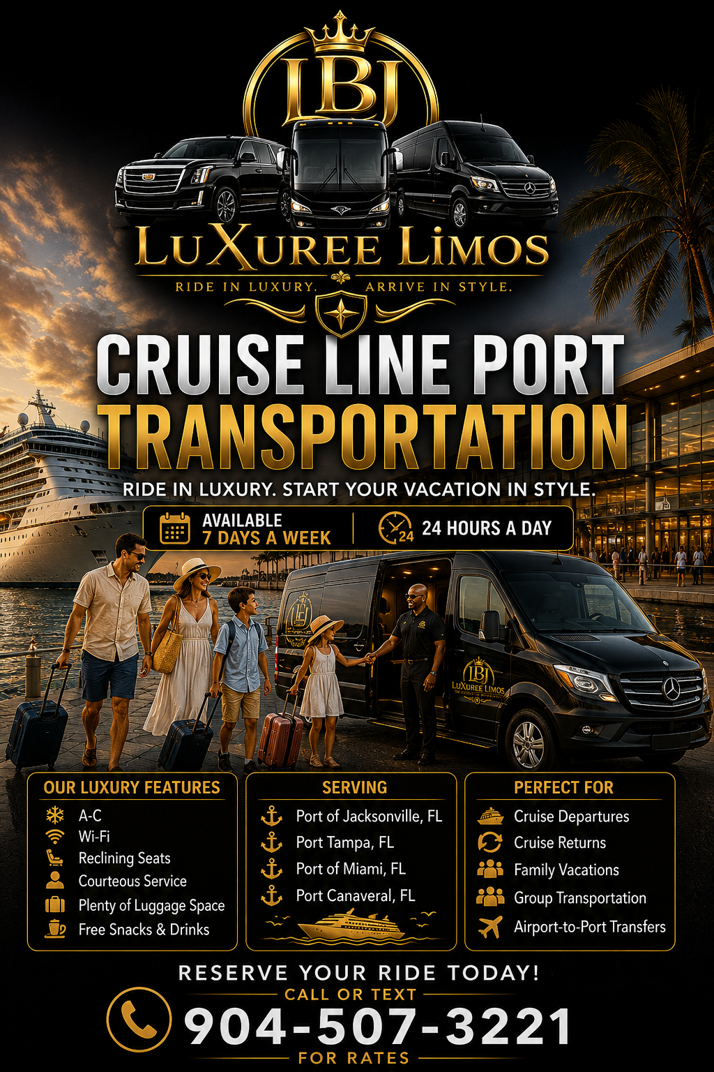 LBJ LuXuree Limos cruise line port transportation promotional graphic