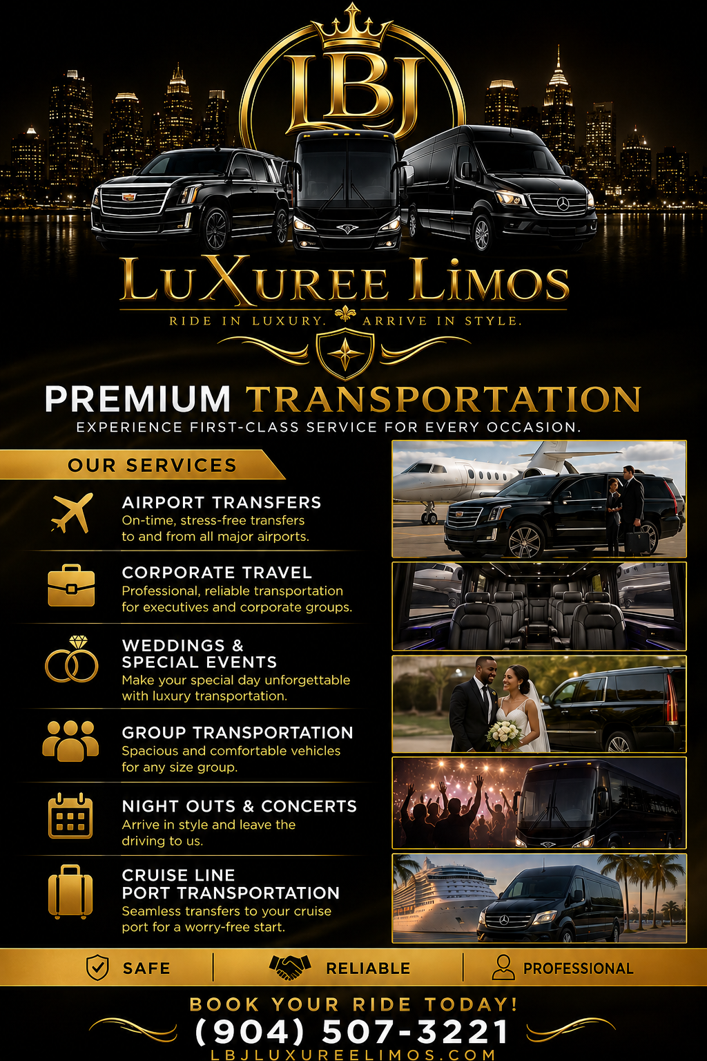 LBJ LuXuree Limos premium transportation promotional graphic